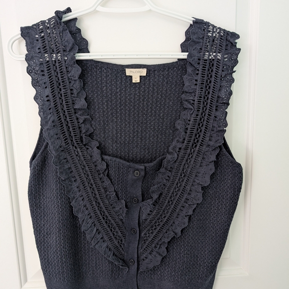 PILCRO Navy Blue Ruffled Button-Down Tank - Picture 4 of 6